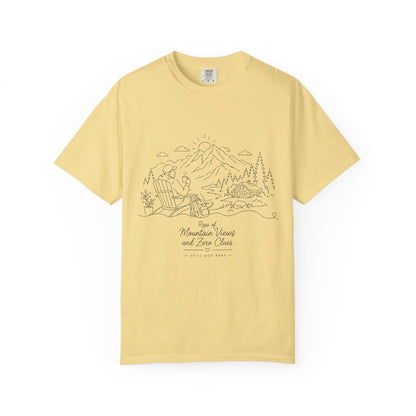 Mountain Camping Line Art T-Shirt — Explore, Camp, Relax Tee
