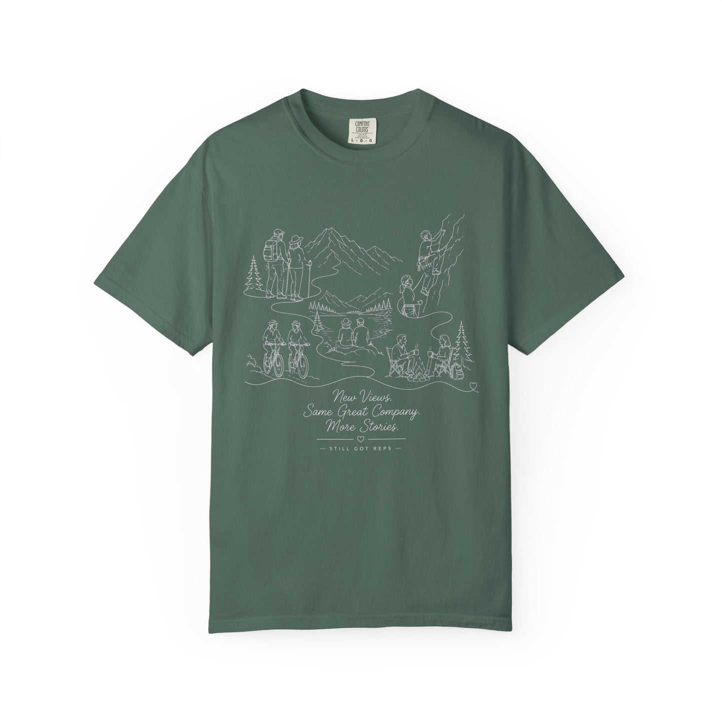 Camping Scene Sketch T-Shirt — Hand-Drawn Mountain & Campfire Graphic
