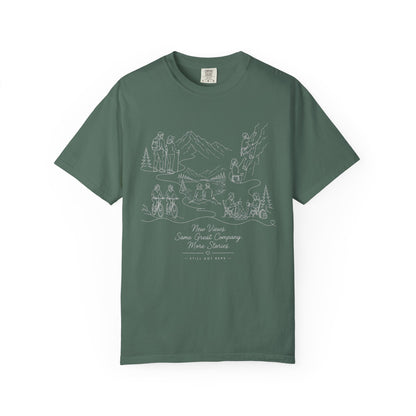 Camping Scene Sketch T-Shirt — Hand-Drawn Mountain & Campfire Graphic