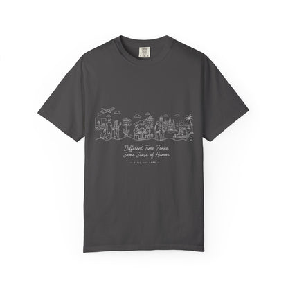 City Sketch Tee — Minimal White Garment-Dyed T-Shirt with Subtle Skyline Design