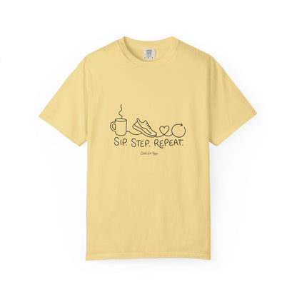 Adventure Series T-Shirt — "Sip. Step. Repeat." Minimal Coffee, Walk & Wellness Graphic Tee