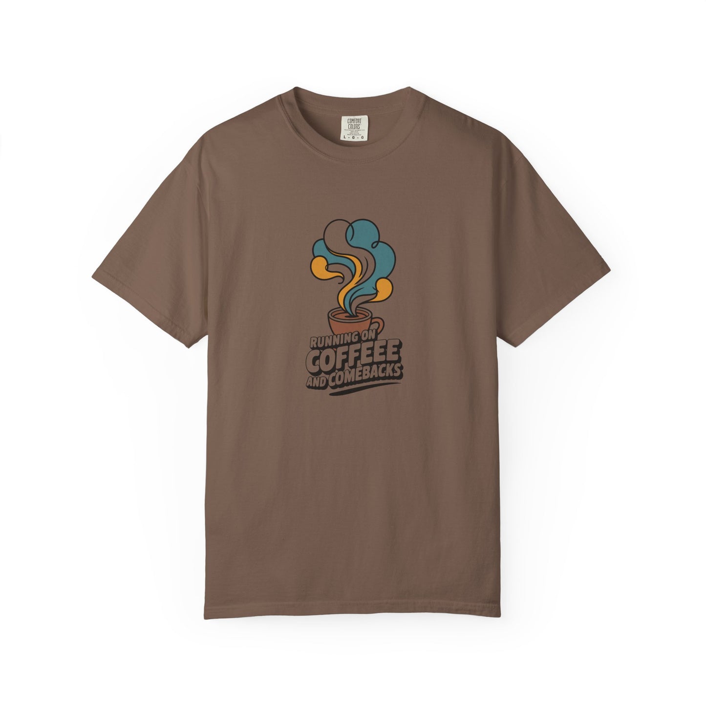 Coffee Comeback T-Shirt — Retro Steam Graphic “Running on Coffee” Tee
