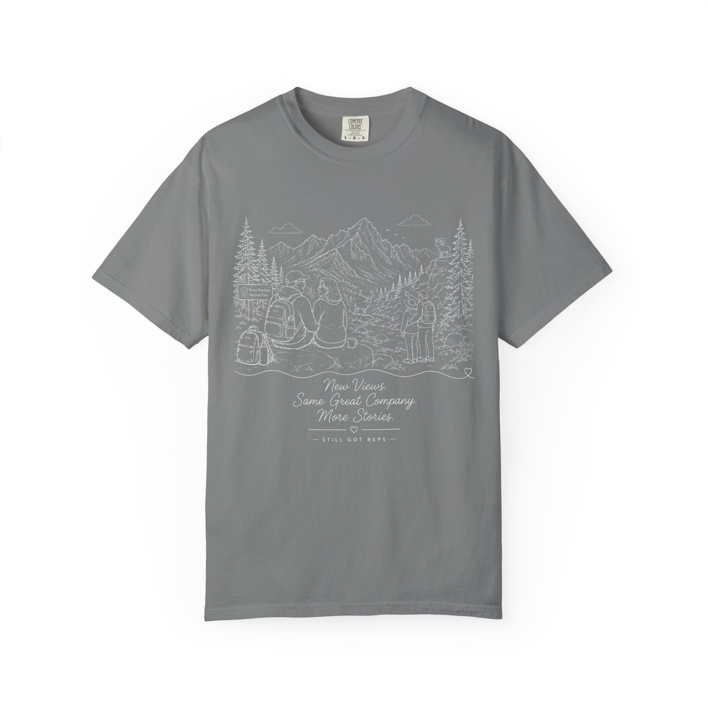Adventure Camp Mountains T-Shirt — Scenic Camping Line Art Tee