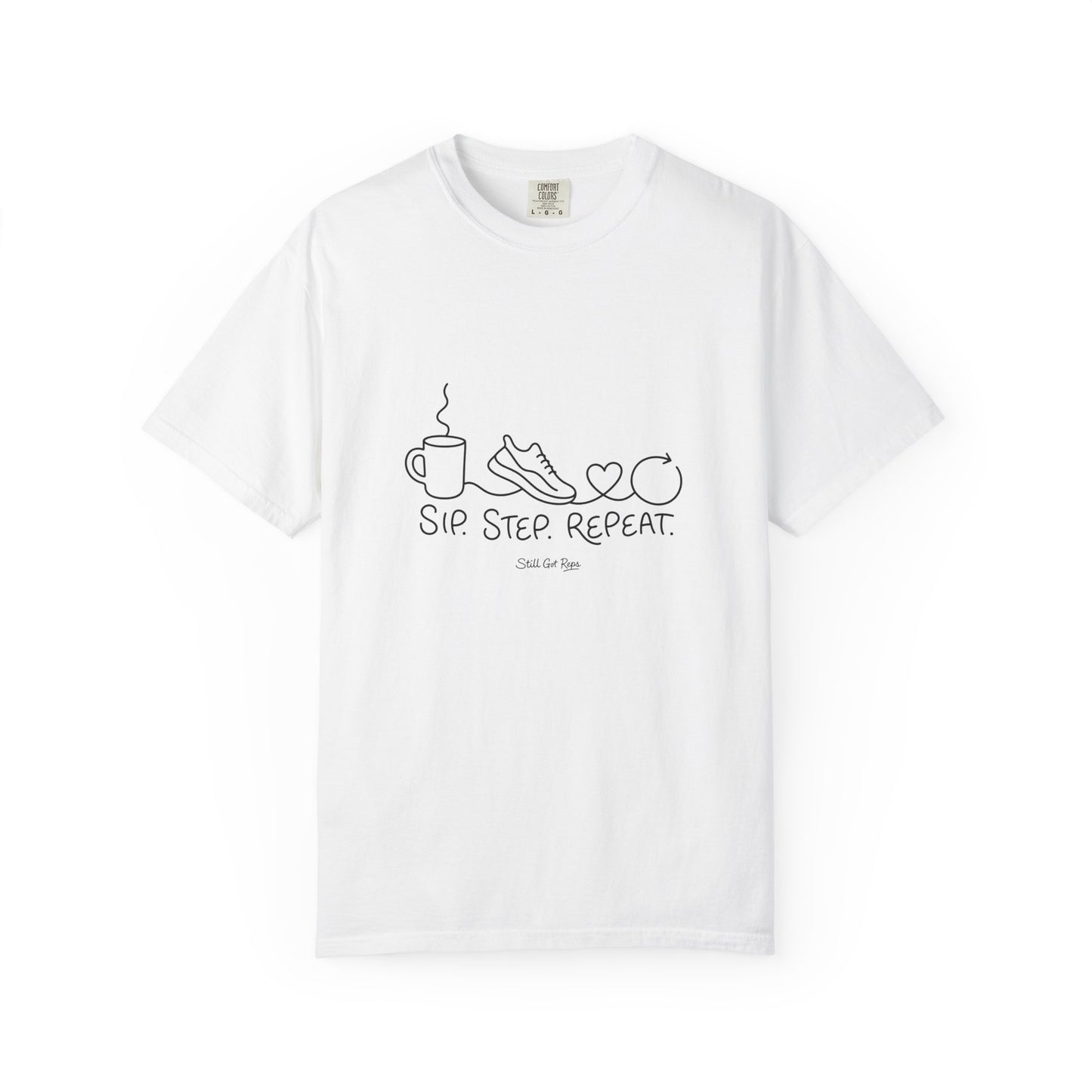 Adventure Series T-Shirt — "Sip. Step. Repeat." Minimal Coffee, Walk & Wellness Graphic Tee