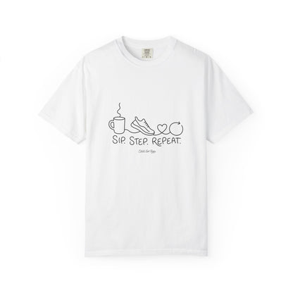 Adventure Series T-Shirt — "Sip. Step. Repeat." Minimal Coffee, Walk & Wellness Graphic Tee