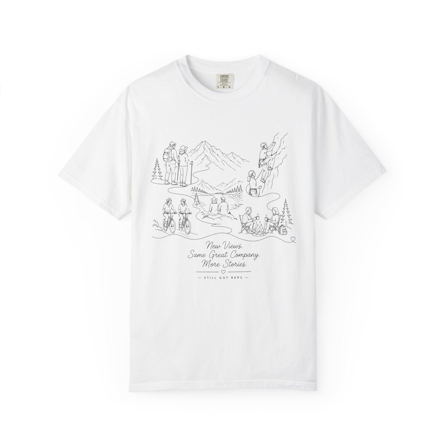 Camping Scene Sketch T-Shirt — Hand-Drawn Mountain & Campfire Graphic