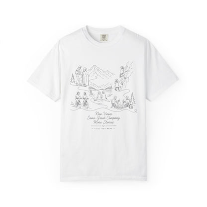 Camping Scene Sketch T-Shirt — Hand-Drawn Mountain & Campfire Graphic