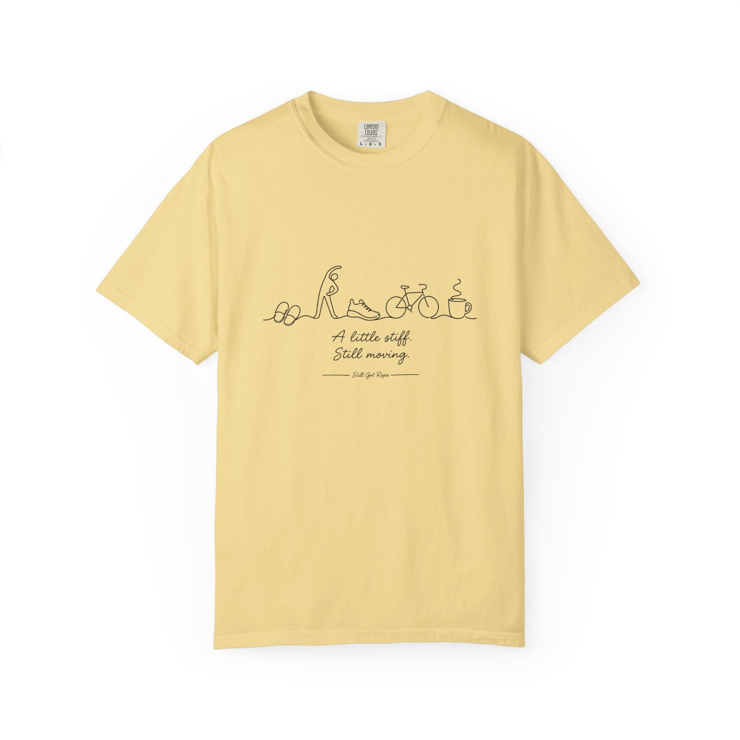 T-Shirt — Minimal Line Art Bike & Dog "A little stuff, Small memory" — Casual Everyday Tee