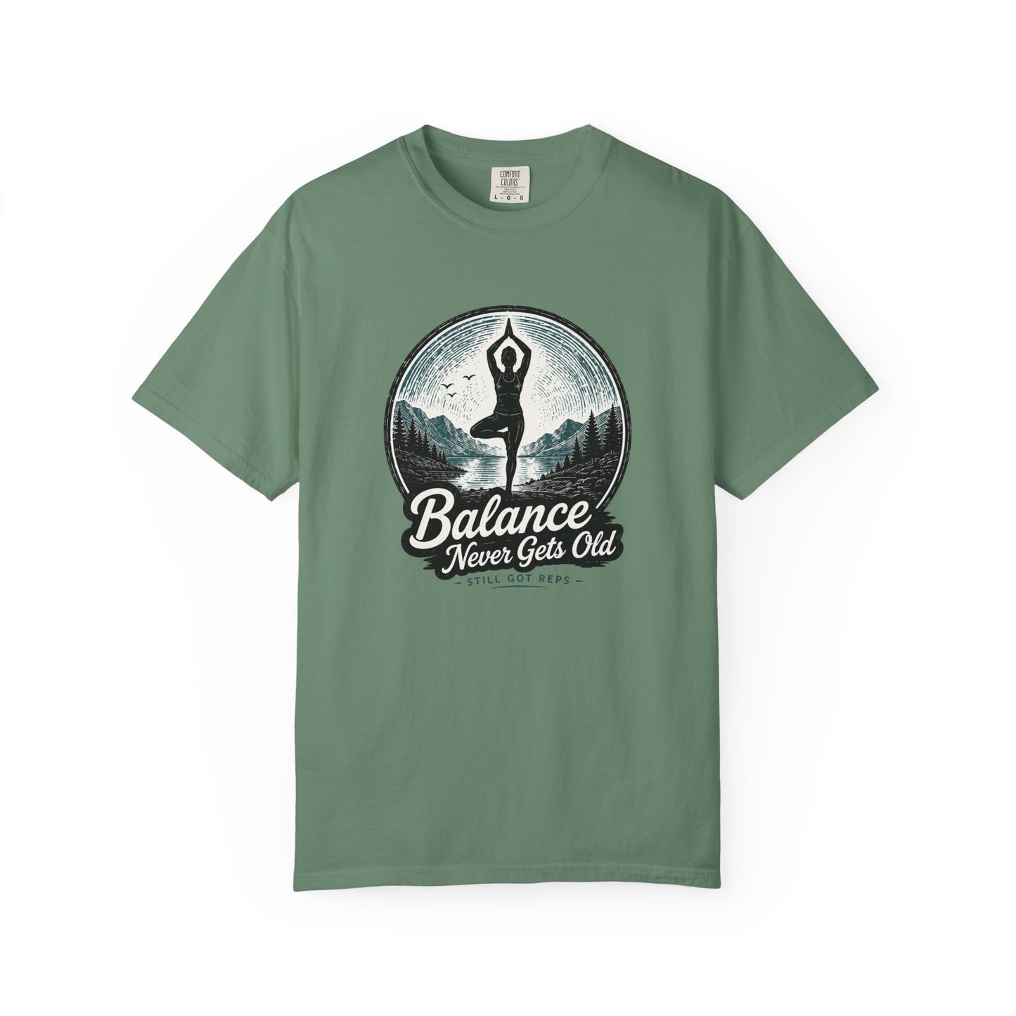 Yoga Balance T-Shirt — "Balance Never Gets Old" Vintage Mountain Yoga Tee