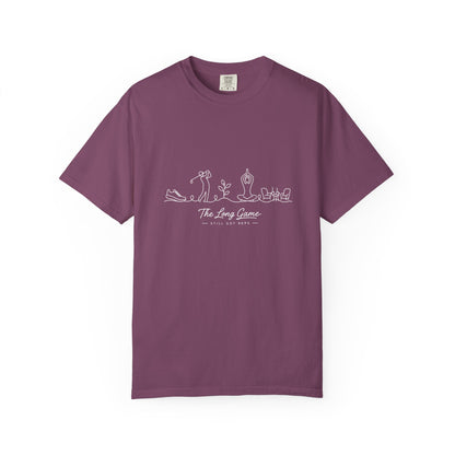 Adventure Series, The Long Game T-Shirt — Minimal Line Art Golf Scene