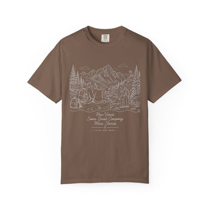Adventure Camp Mountains T-Shirt — Scenic Camping Line Art Tee