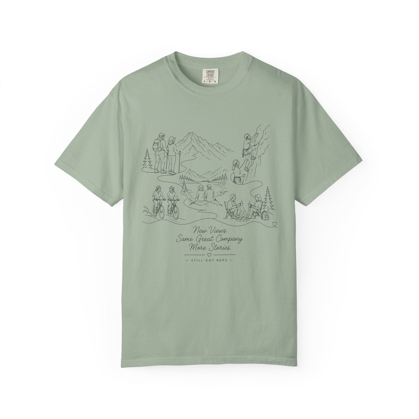 Camping Scene Sketch T-Shirt — Hand-Drawn Mountain & Campfire Graphic