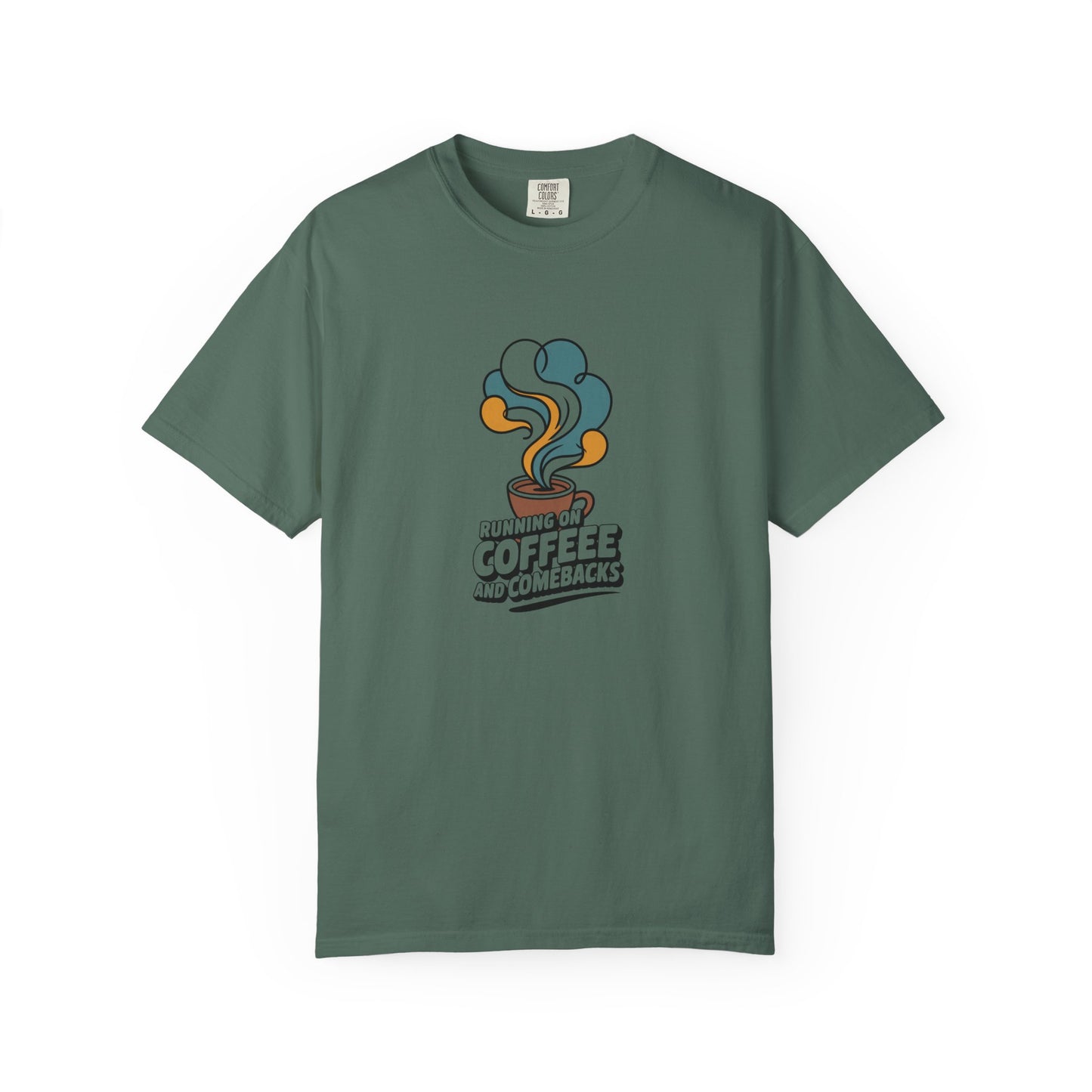 Coffee Comeback T-Shirt — Retro Steam Graphic “Running on Coffee” Tee