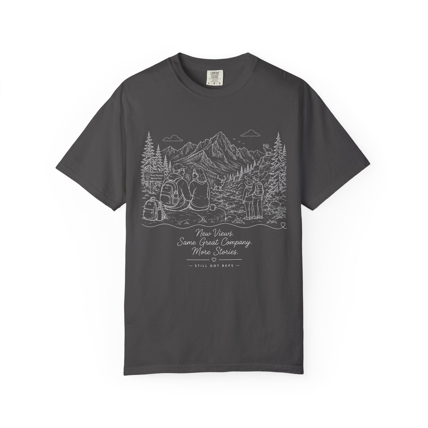 Adventure Camp Mountains T-Shirt — Scenic Camping Line Art Tee
