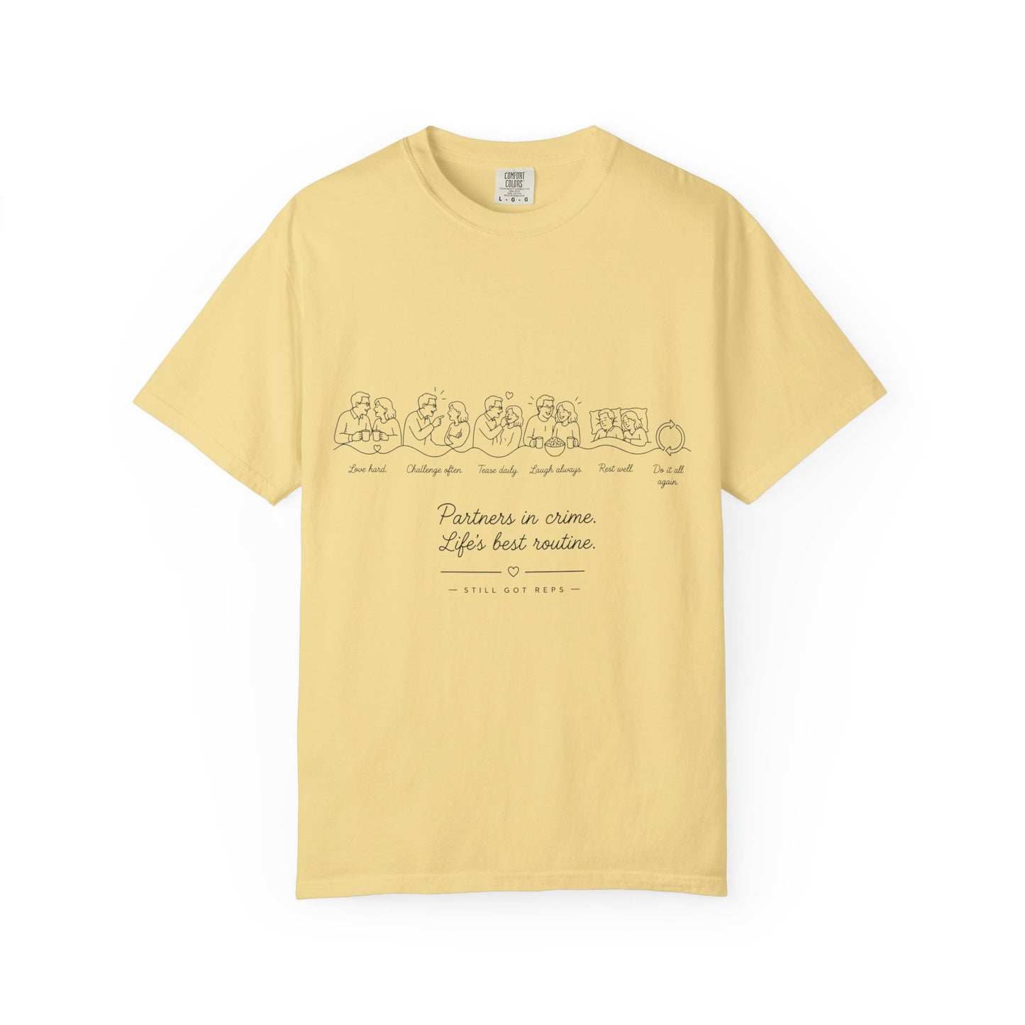 Illustrated Daily Routine T-Shirt — Minimal Line Art with 'Partners on Paper' Text