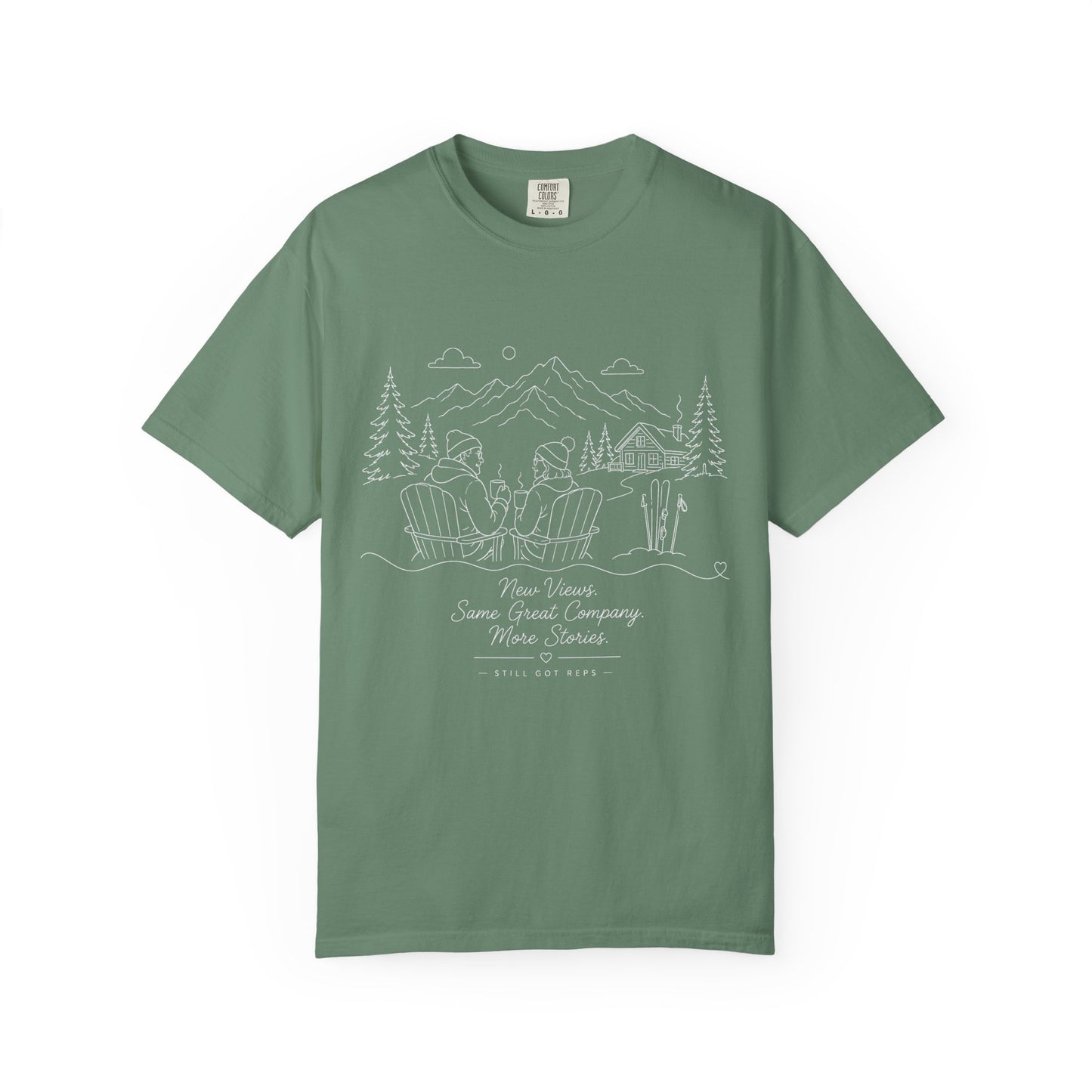 Camping Scene T-Shirt — 'Some Wives Company, Make Time' Outdoor Sketch Tee