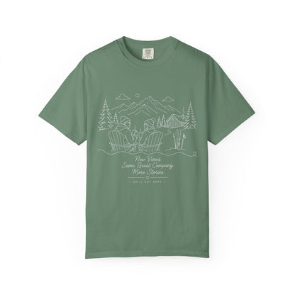 Camping Scene T-Shirt — 'Some Wives Company, Make Time' Outdoor Sketch Tee