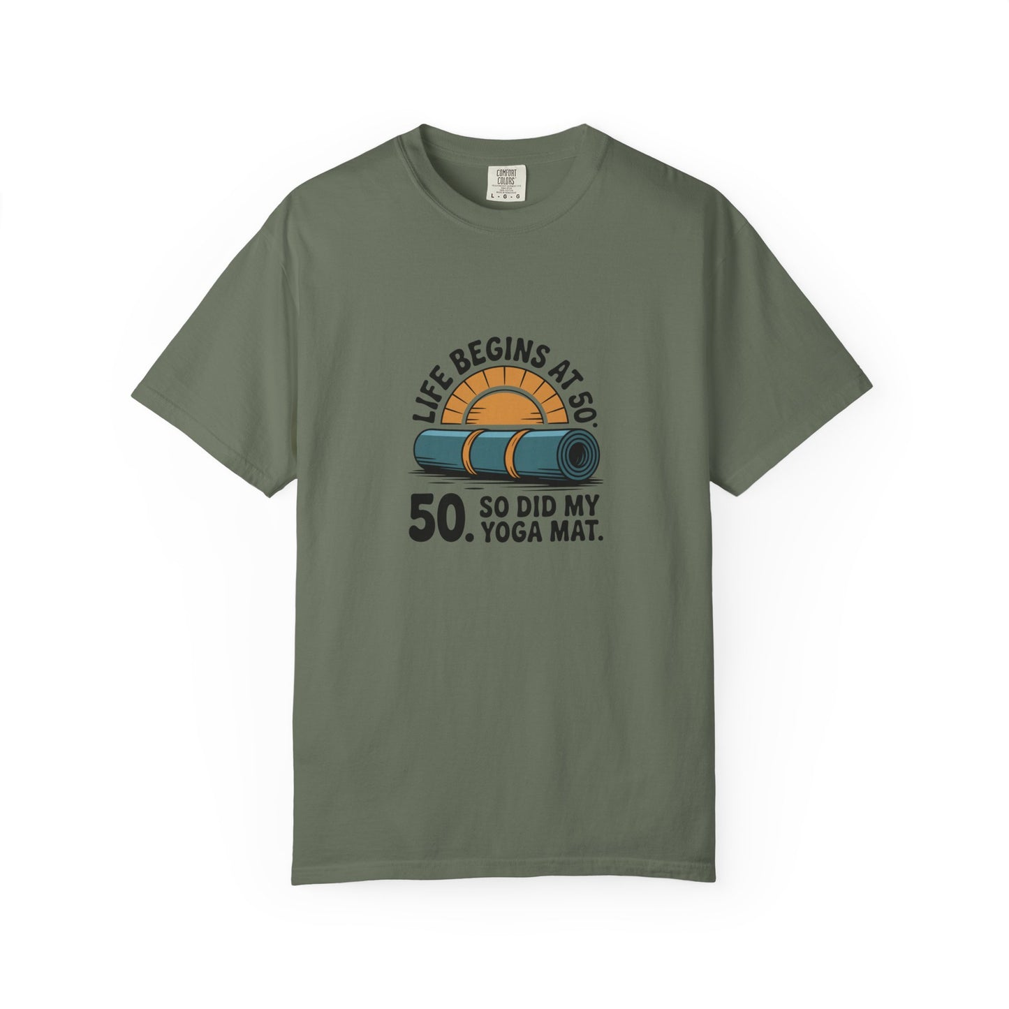 50th Birthday Yoga T-Shirt — "Life Begins at 50" Graphic Tee