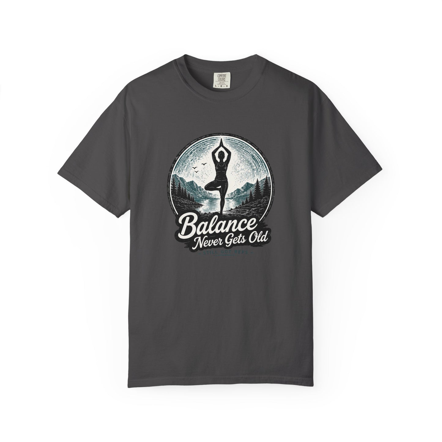 Yoga Balance T-Shirt — "Balance Never Gets Old" Vintage Mountain Yoga Tee