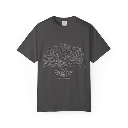 Mountain Camping Line Art T-Shirt — Explore, Camp, Relax Tee