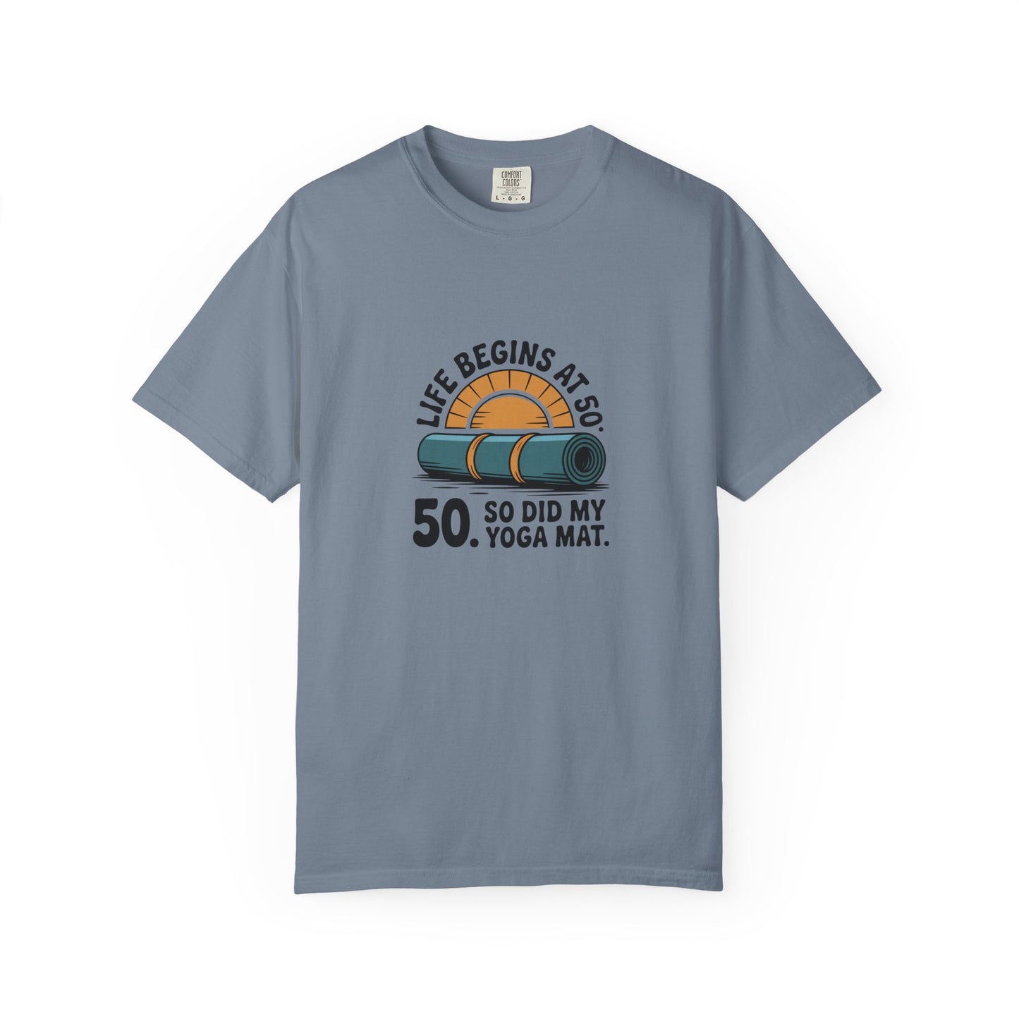 50th Birthday Yoga T-Shirt — "Life Begins at 50" Graphic Tee