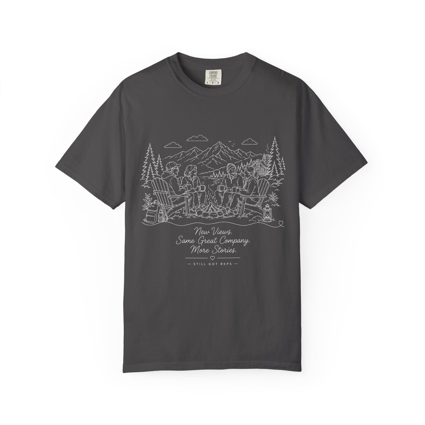 Camping Crew Sketch T-Shirt — 'Camp Vibes' Outdoor Scenic Graphic Tee