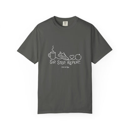 Adventure Series T-Shirt — "Sip. Step. Repeat." Minimal Coffee, Walk & Wellness Graphic Tee