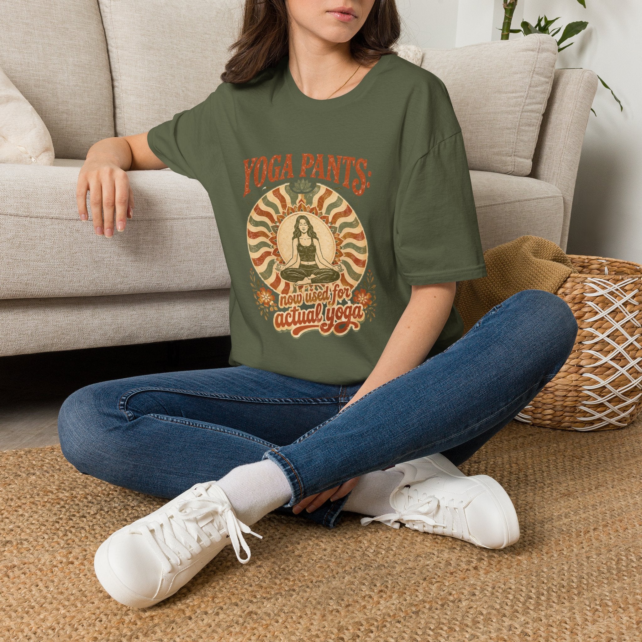 T-Shirt — "Yoga Pants: Now with Actual Yoga" Retro Boho Yoga Tee