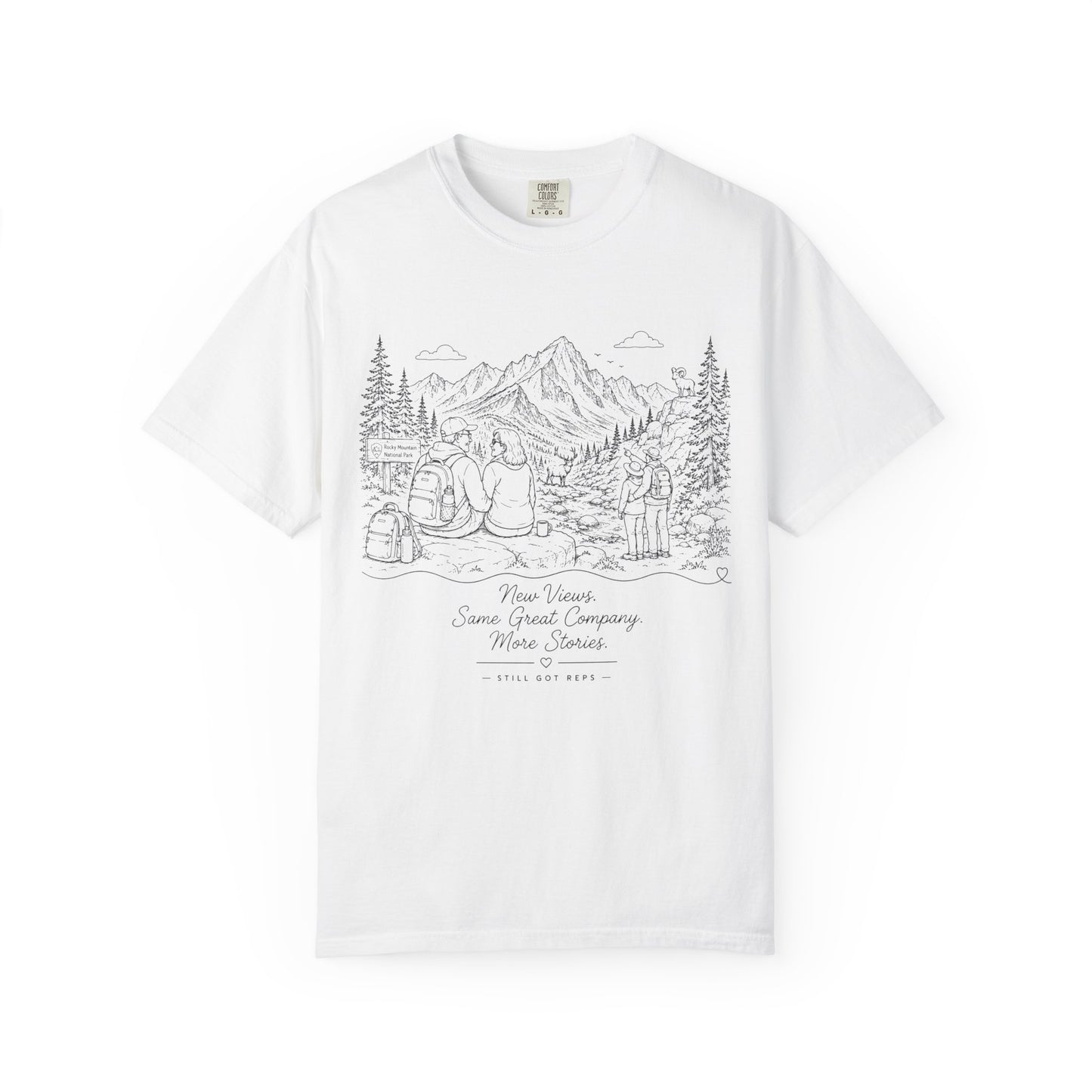 Adventure Camp Mountains T-Shirt — Scenic Camping Line Art Tee
