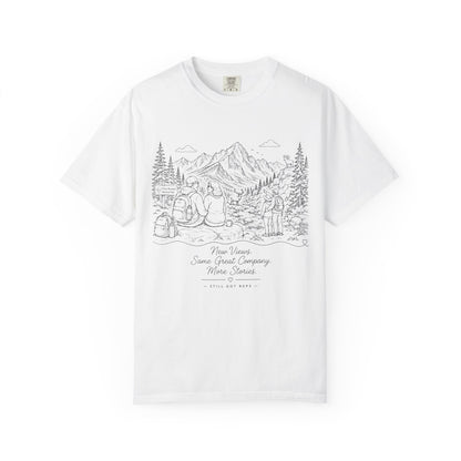 Adventure Camp Mountains T-Shirt — Scenic Camping Line Art Tee