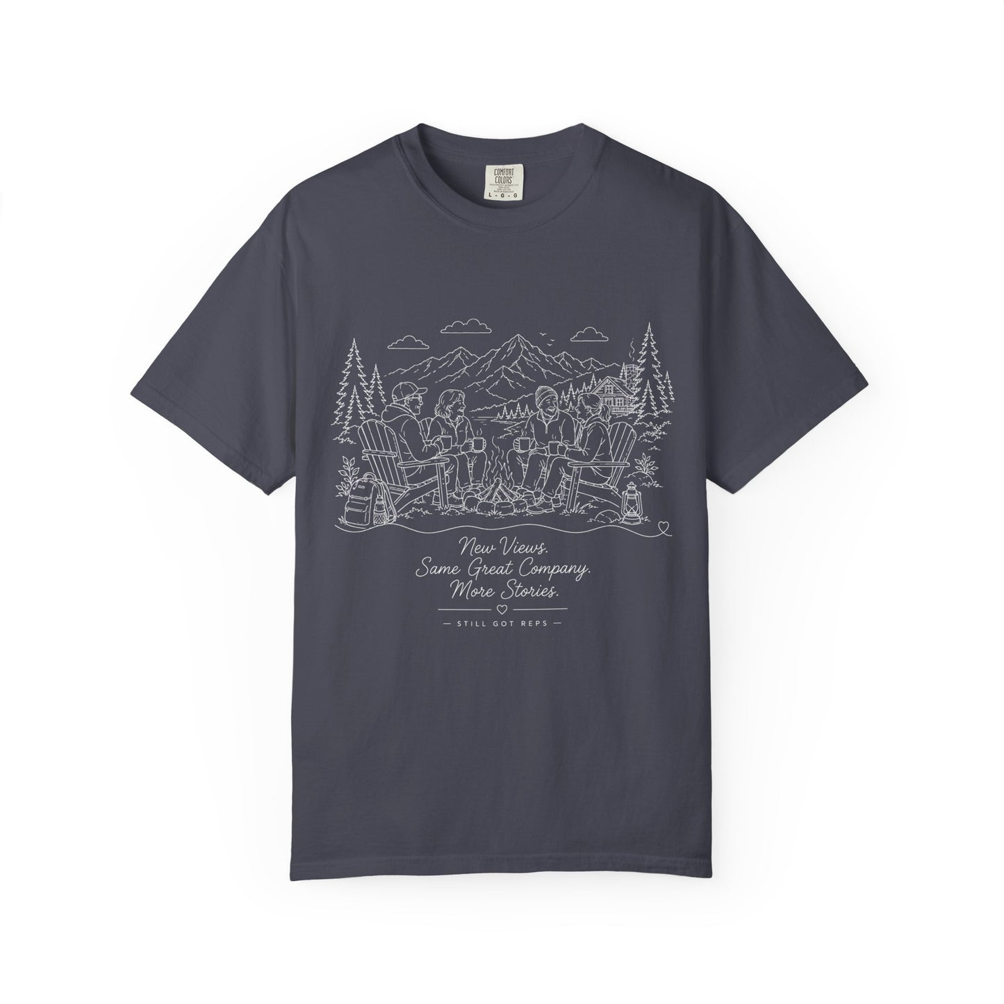 Camping Crew Sketch T-Shirt — 'Camp Vibes' Outdoor Scenic Graphic Tee