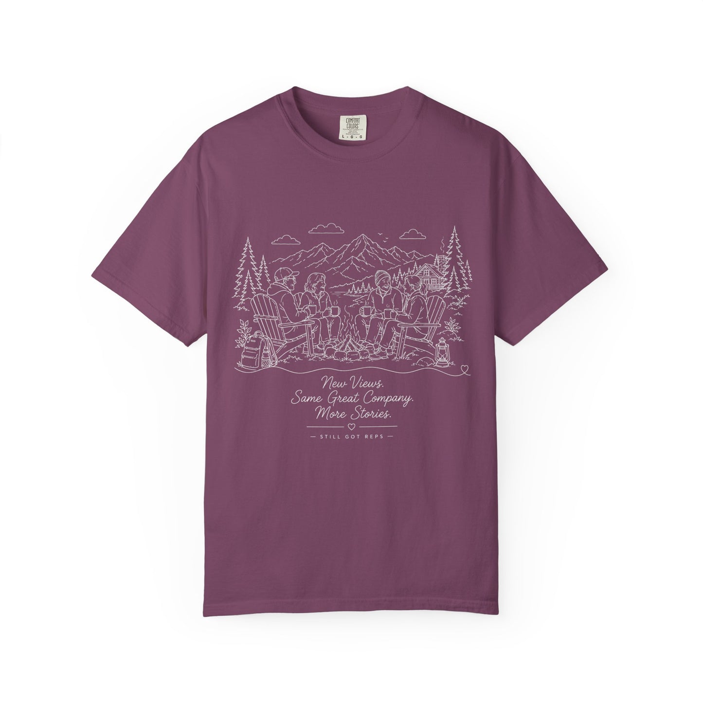 Camping Crew Sketch T-Shirt — 'Camp Vibes' Outdoor Scenic Graphic Tee
