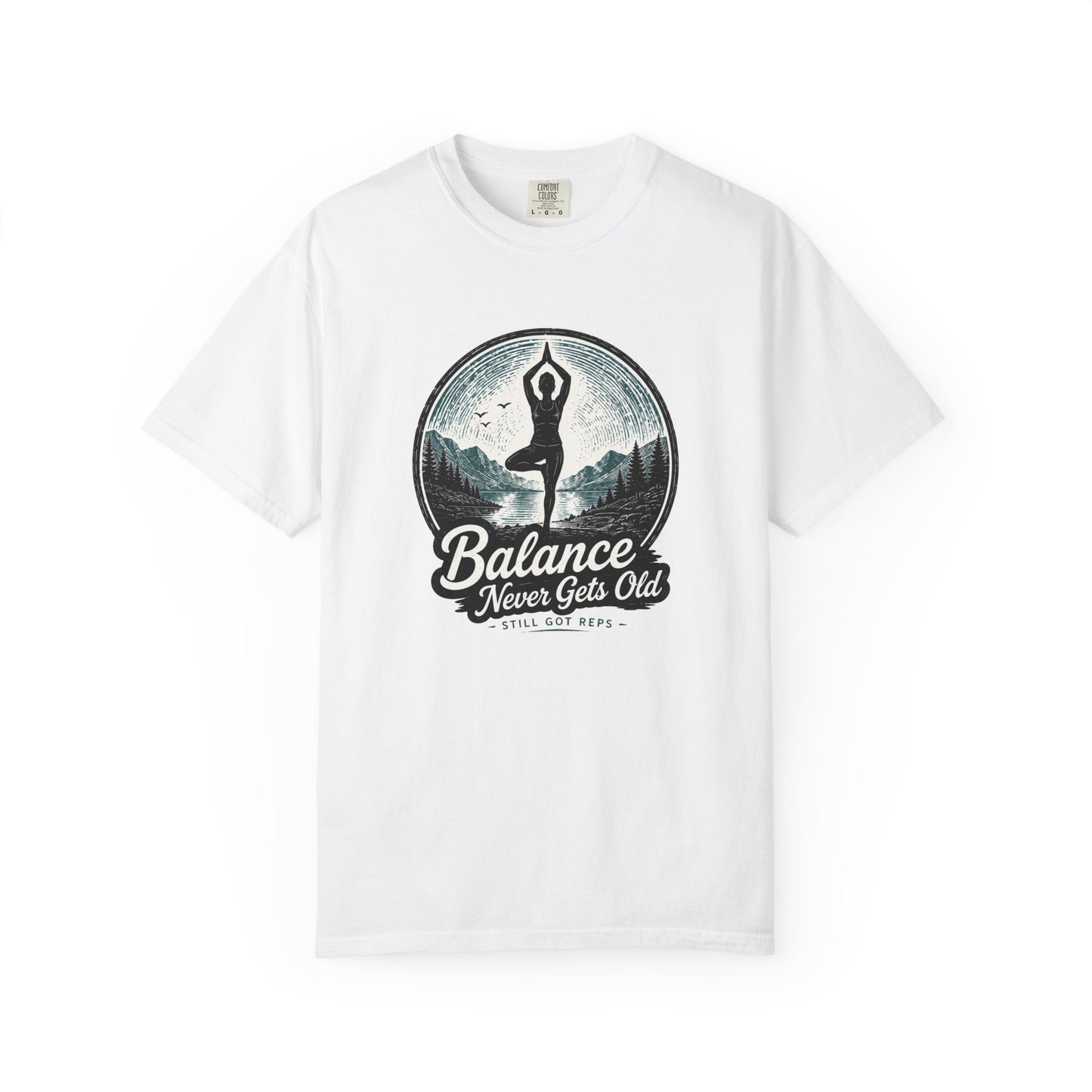 Yoga Balance T-Shirt — "Balance Never Gets Old" Vintage Mountain Yoga Tee