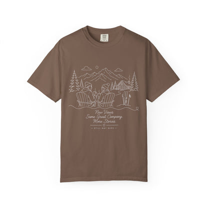 Camping Scene T-Shirt — 'Some Wives Company, Make Time' Outdoor Sketch Tee