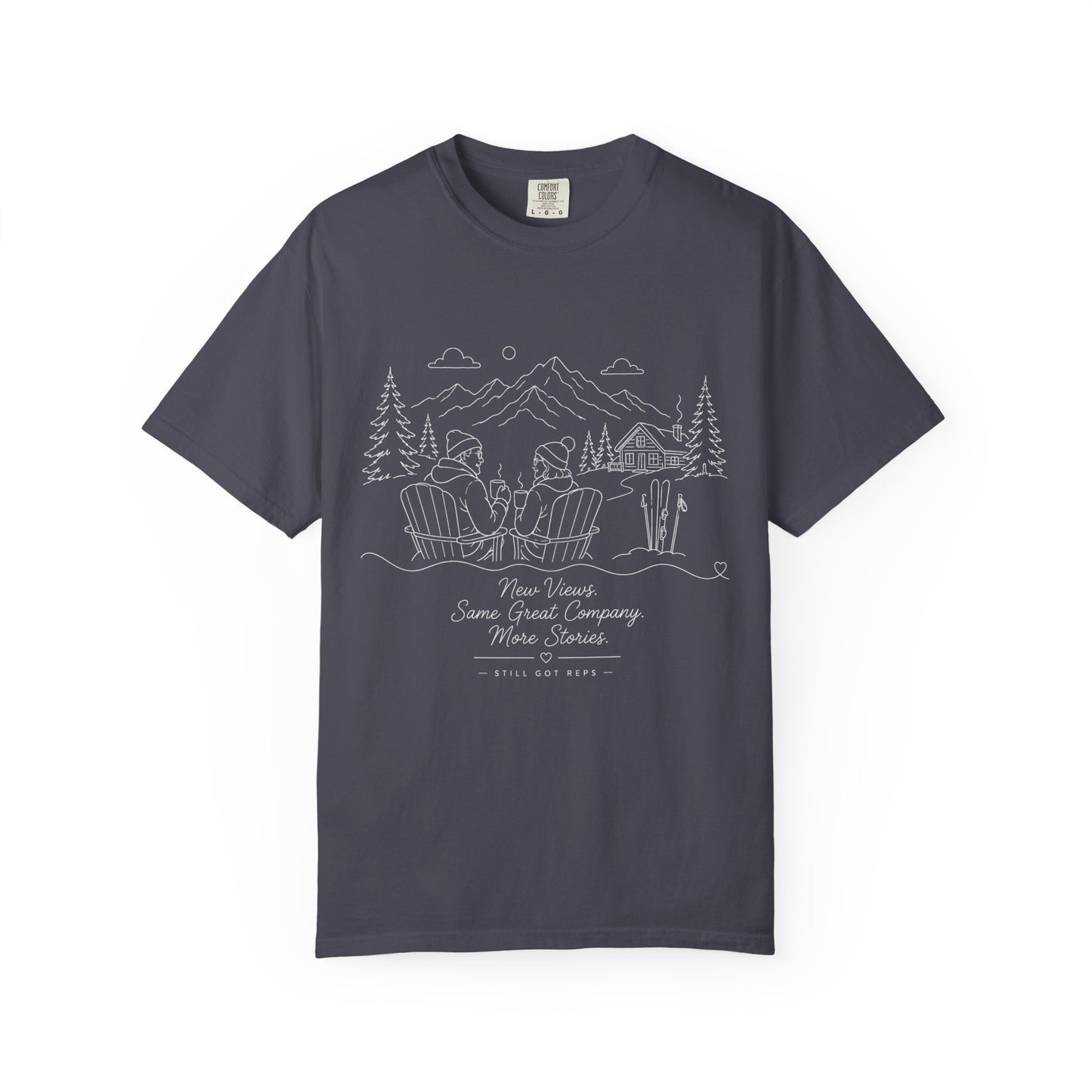 Camping Scene T-Shirt — 'Some Wives Company, Make Time' Outdoor Sketch Tee