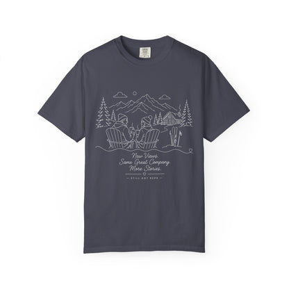 Camping Scene T-Shirt — 'Some Wives Company, Make Time' Outdoor Sketch Tee