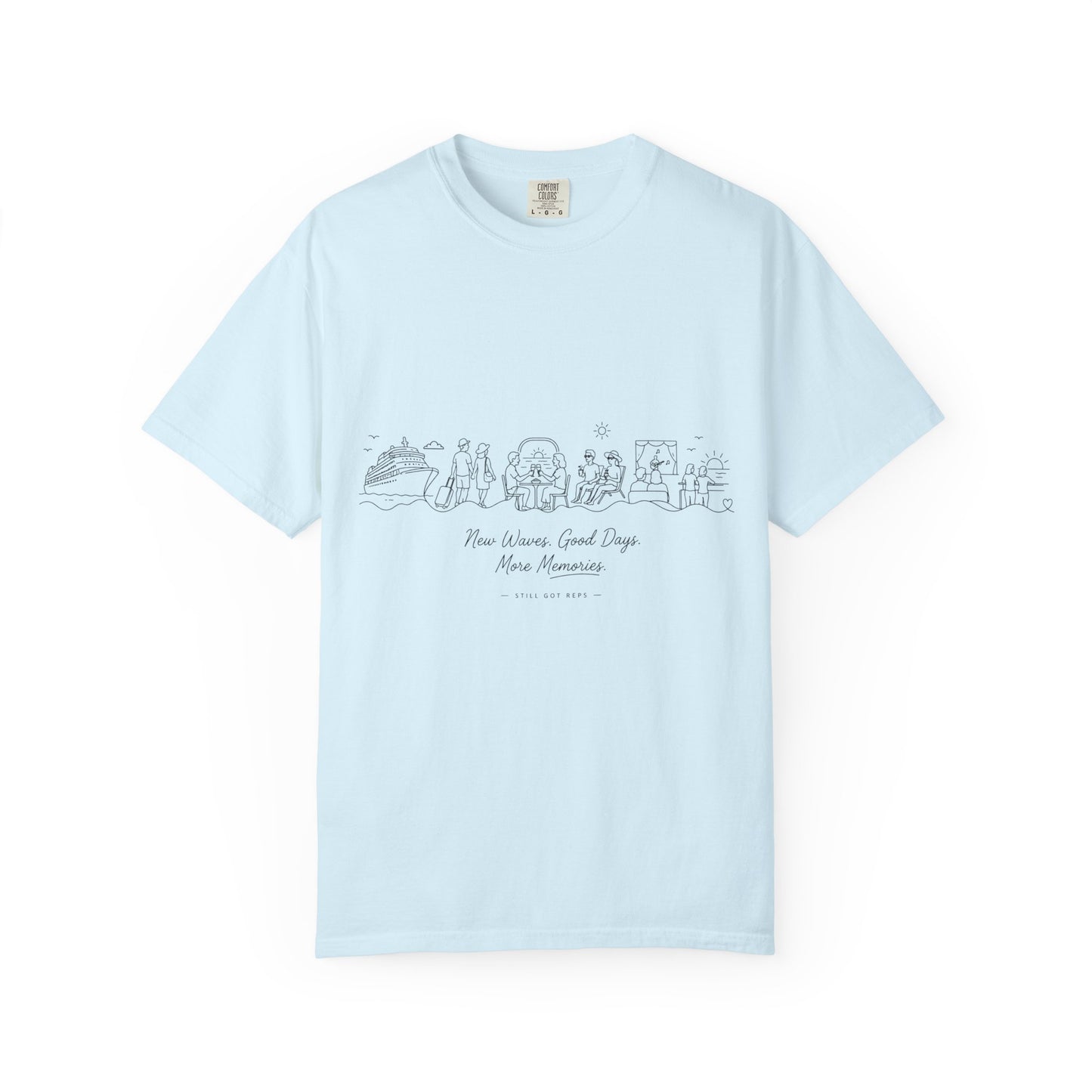 Coastal Line Art T-Shirt — 'New Waves, Good Vibes' Minimal Beach Graphic Tee