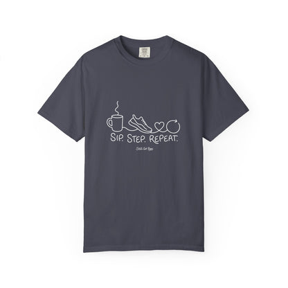 Adventure Series T-Shirt — "Sip. Step. Repeat." Minimal Coffee, Walk & Wellness Graphic Tee