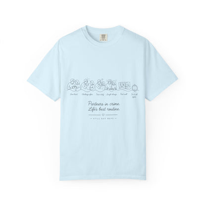Illustrated Daily Routine T-Shirt — Minimal Line Art with 'Partners on Paper' Text