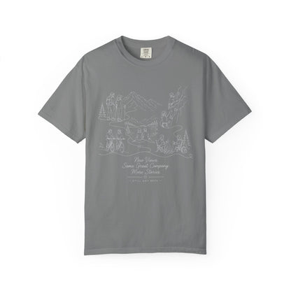 Camping Scene Sketch T-Shirt — Hand-Drawn Mountain & Campfire Graphic