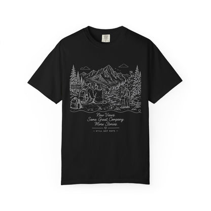 Adventure Camp Mountains T-Shirt — Scenic Camping Line Art Tee