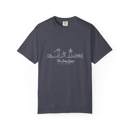Adventure Series, The Long Game T-Shirt — Minimal Line Art Golf Scene