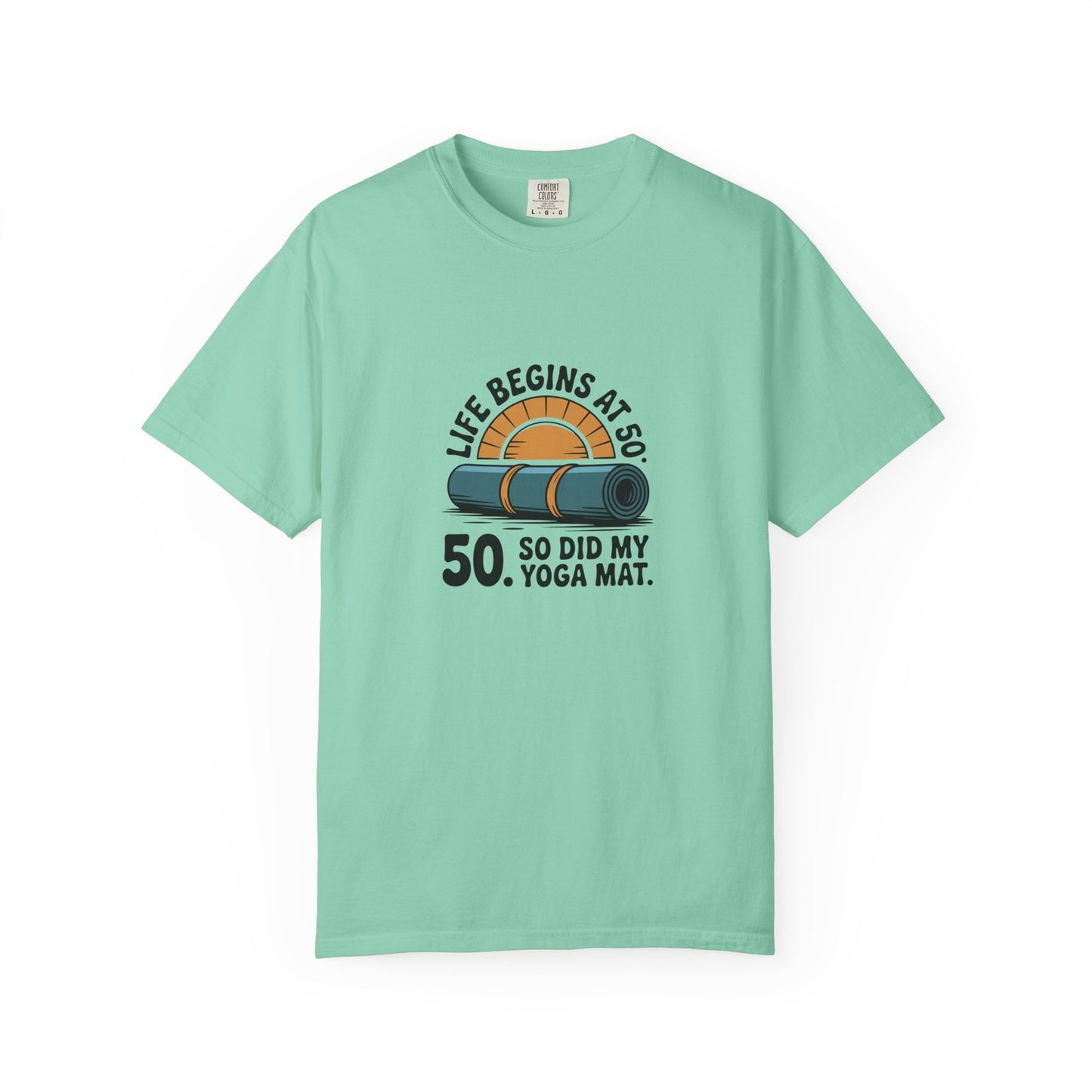 50th Birthday Yoga T-Shirt — "Life Begins at 50" Graphic Tee