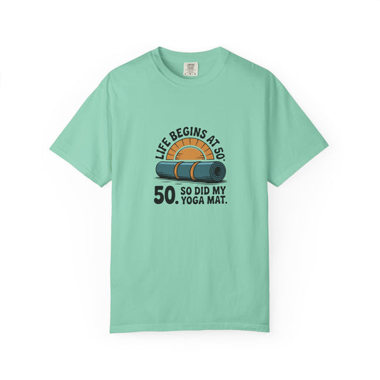 50th Birthday Yoga T-Shirt — "Life Begins at 50" Graphic Tee