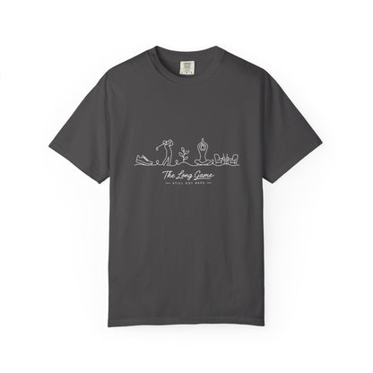 Adventure Series, The Long Game T-Shirt — Minimal Line Art Golf Scene