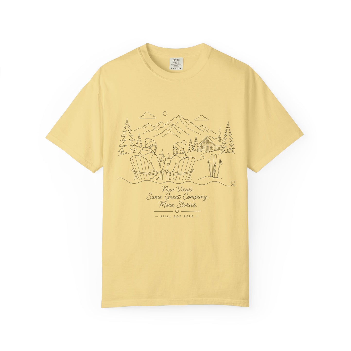 Camping Scene T-Shirt — 'Some Wives Company, Make Time' Outdoor Sketch Tee