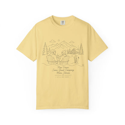 Camping Scene T-Shirt — 'Some Wives Company, Make Time' Outdoor Sketch Tee