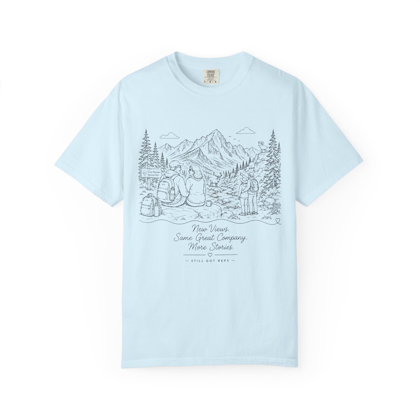 Adventure Camp Mountains T-Shirt — Scenic Camping Line Art Tee