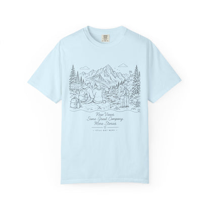 Adventure Camp Mountains T-Shirt — Scenic Camping Line Art Tee