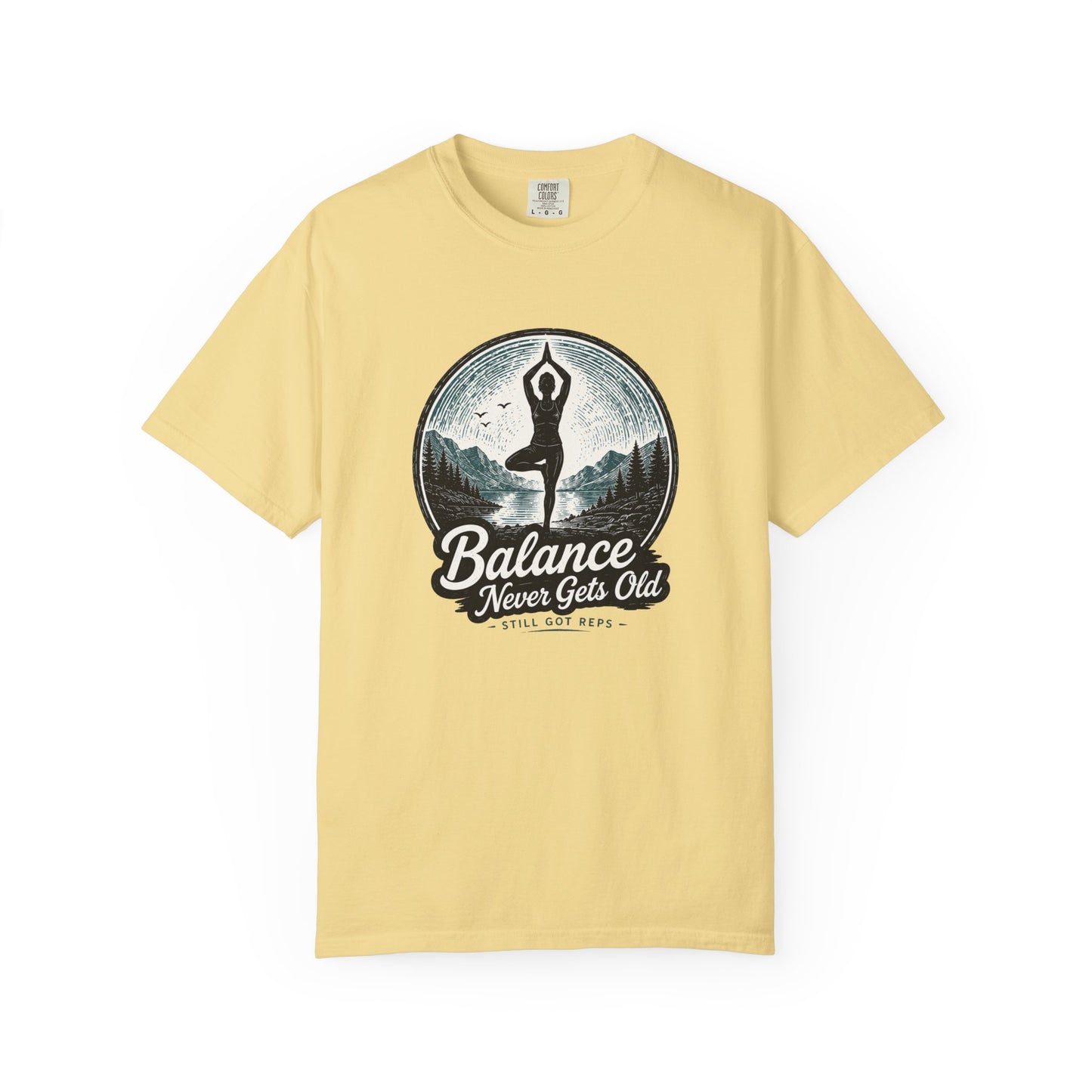 Yoga Balance T-Shirt — "Balance Never Gets Old" Vintage Mountain Yoga Tee